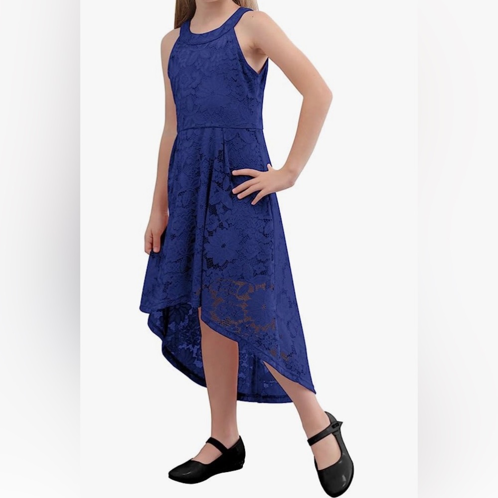 Blue Halter Neck Dress with Floral Lace; High-Low skirt